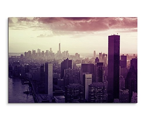 Augenblicke Wandbilder 120x80cm XXL riesige Bilder fertig gerahmt mit Echtholzrahmen in Mauve Stadt Gebäude New York -City Manhattan Sonnenstrahlen