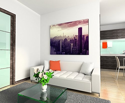 Augenblicke Wandbilder 120x80cm XXL riesige Bilder fertig gerahmt mit Echtholzrahmen in Mauve Stadt Gebäude New York -City Manhattan Sonnenstrahlen