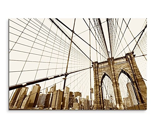 Augenblicke Wandbilder 120x80cm XXL riesige Bilder fertig gerahmt mit Keilrahmenin Sepia Auf der Brooklyn Bridge New York City