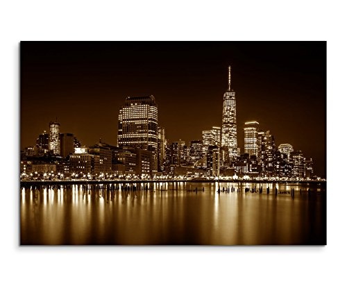 Augenblicke Wandbilder 120x80cm XXL riesige Bilder fertig gerahmt mit Keilrahmenin Sepia Stadt Gebäude New York -City Manhattan Nacht