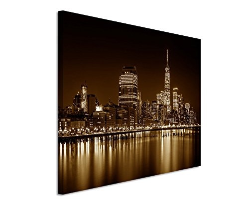 Augenblicke Wandbilder 120x80cm XXL riesige Bilder fertig gerahmt mit Keilrahmenin Sepia Stadt Gebäude New York -City Manhattan Nacht