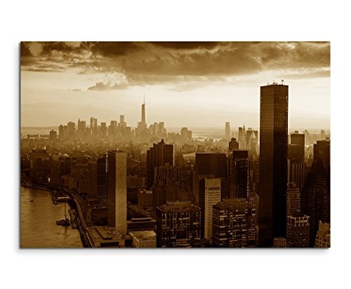 Augenblicke Wandbilder 120x80cm XXL riesige Bilder fertig gerahmt mit Keilrahmenin Sepia Stadt Gebäude New York -City Manhattan Sonnenstrahlen