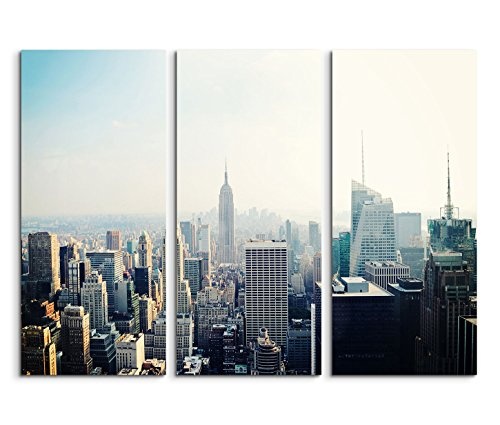 3x40x90cm (Gesamt:130x90cm) 3teiliges Bild auf Leinwand New York Skyline Empire State Building Nebel Wandbild auf Leinwand als Panorama