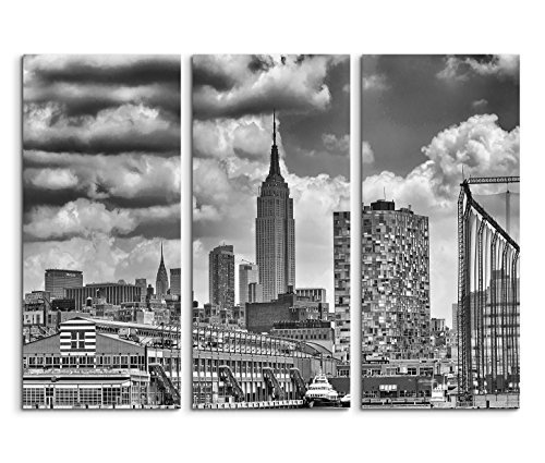 3x40x90cm (Gesamt:130x90cm) 3teiliges Bild auf Leinwand New York Manhattan Wolkenkratzer schwarz weiß Wandbild auf Leinwand als Panorama