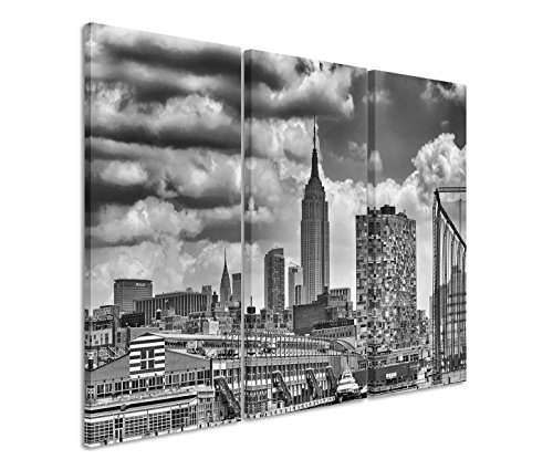 3x40x90cm (Gesamt:130x90cm) 3teiliges Bild auf Leinwand New York Manhattan Wolkenkratzer schwarz weiß Wandbild auf Leinwand als Panorama
