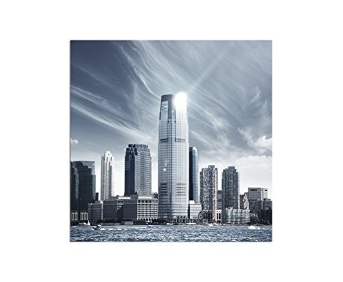 80x80cm - Fotodruck auf Leinwand und Rahmen New York Skyline Wasser Wolken - Leinwandbild auf Keilrahmen modern stilvoll - Bilder und Dekoration