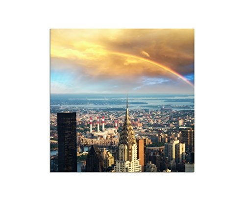 120x80cm - Fotodruck auf Leinwand und Rahmen New York Skyline Regenbogen Sonne - Leinwandbild auf Keilrahmen modern stilvoll - Bilder und Dekoration