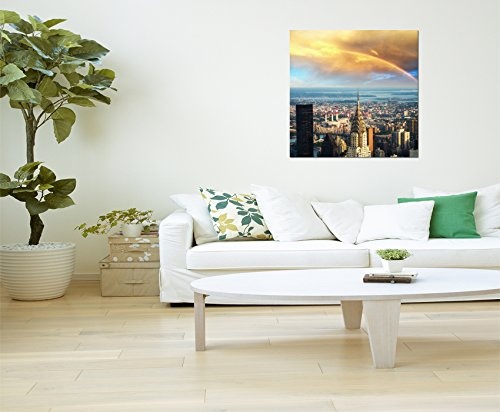 120x80cm - Fotodruck auf Leinwand und Rahmen New York Skyline Regenbogen Sonne - Leinwandbild auf Keilrahmen modern stilvoll - Bilder und Dekoration