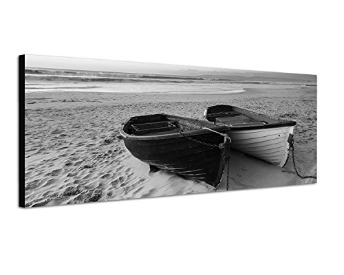 Augenblicke Wandbilder Keilrahmenbild Panoramabild SCHWARZ/Weiss 150x50cm Meer Strand Sand Fischerboote