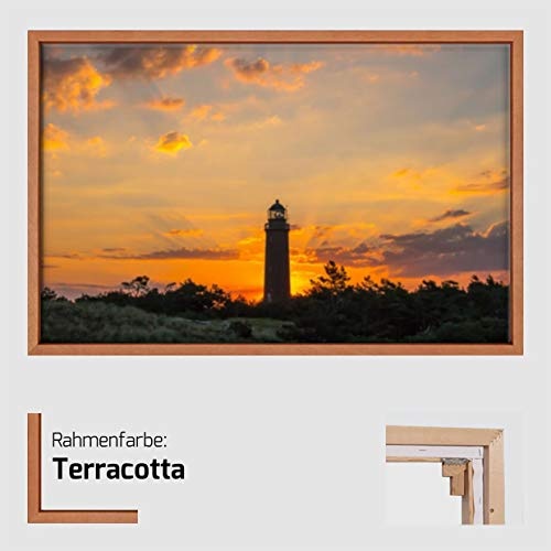Homedeco-24 Canvas Leinwandbild Wandbild Kunstdruck, Leuchtturm im Sonnenuntergang 80x120 cm auf Keilrahmen gespannt und mit Massivholz-Schattenfugenrahmen 6 Farben zur Auswahl, Hier Terrakotta