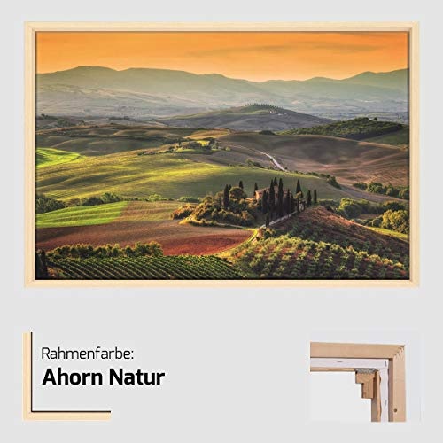 Canvas Leinwandbild Wandbild Kunstdruck, Toscana Panorama beim Sonnenaufgang 80x120 cm auf Keilrahmen gespannt und mit Massivholz-Schattenfugenrahmen 6 Farben-Auswahl, hier Natur klar lackiert
