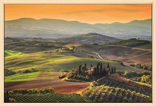 Canvas Leinwandbild Wandbild Kunstdruck, Toscana Panorama beim Sonnenaufgang 65x100 cm auf Keilrahmen gespannt und mit Massivholz-Schattenfugenrahmen 6 Farben-Auswahl, hier Natur klar lackiert