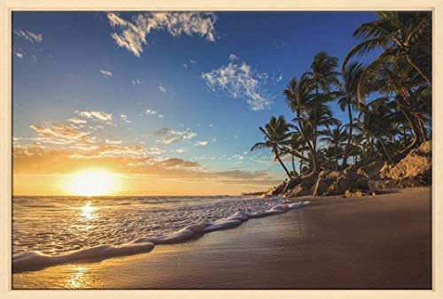 Canvas Leinwandbild Wandbild Kunstdruck, Landscape of paradise tropical island beach, sunrise 65x100 cm auf Keilrahmen gespannt und mit Massivholz-Schattenfugenrahmen 6 Farben-Auswahl, hier Ahorn