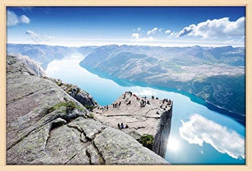 Canvas Leinwandbild Wandbild Kunstdruck, Ein Fjord in Norwegen Naturmotiv 65x100 cm auf Keilrahmen gespannt und mit Massivholz-Schattenfugenrahmen 6 Farben-Auswahl, hier Natur klar lackiert