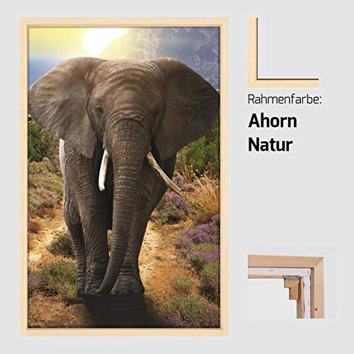 Canvas Leinwandbild Wandbild Kunstdruck, Elefant in Afrika Hochformat 65x100 cm auf Keilrahmen gespannt und mit Massivholz-Schattenfugenrahmen 6 Farben zur Auswahl, hier Natur klar lackiert