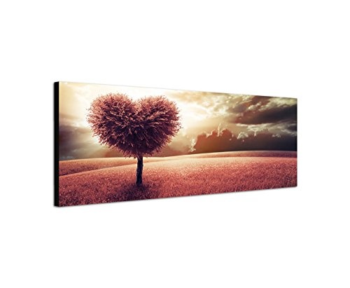 Keilrahmenbild Wandbild 150x50cm Wiese Baum Herz abstrakt Wolkenhimmel