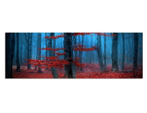 Augenblicke Wandbilder Keilrahmenbild Wandbild 150x50cm Wald Bäume Laub Herbst Nebel