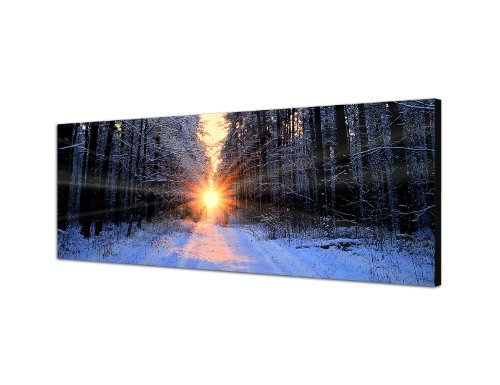 Augenblicke Wandbilder Keilrahmenbild Wandbild 150x50cm Wald Bäume Winter Schnee Sonnenaufgang
