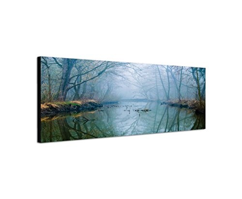 Augenblicke Wandbilder Keilrahmenbild Wandbild 150x50cm Wald Bäume Fluss Nebel Dunst
