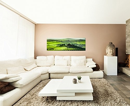 Augenblicke Wandbilder Keilrahmenbild Wandbild 150x50cm Toskana Wiesen Bäume Haus Sonnenaufgang