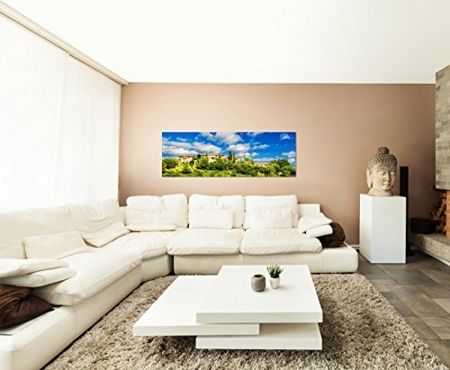 Augenblicke Wandbilder Keilrahmenbild Wandbild 150x50cm Toskana Dorf Bäume Wolken Sommer