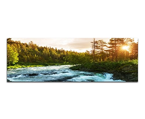 Augenblicke Wandbilder Keilrahmenbild Wandbild 150x50cm Norwegen Wald Bäume Fluss Sonnenstrahlen