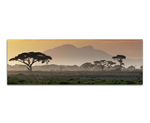 Augenblicke Wandbilder Keilrahmenbild Wandbild 150x50cm Afrika Wiesen Bäume Berge Sonnenuntergang