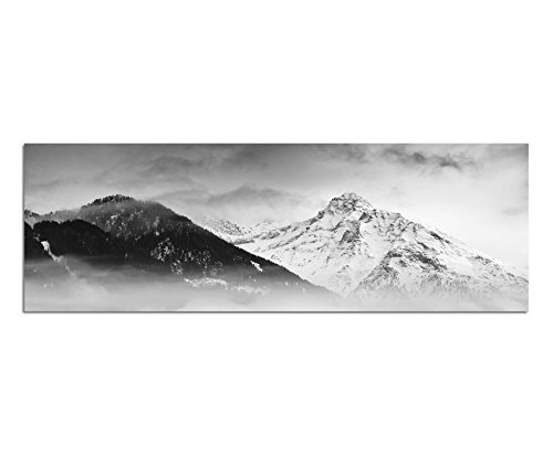 Augenblicke Wandbilder Keilrahmenbild Panoramabild SCHWARZ/Weiss 150x50cm Berge Bäume Nebel Schnee Dämmerung