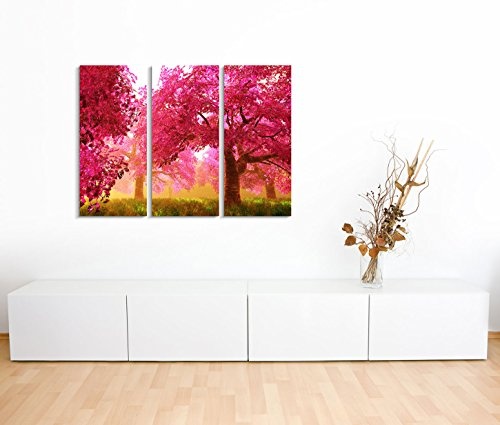 3x40x90cm (Gesamt:130x90cm) 3teiliges Bild auf Leinwand Kirschbäume Blüten Garten Japan Wandbild auf Leinwand als Panorama