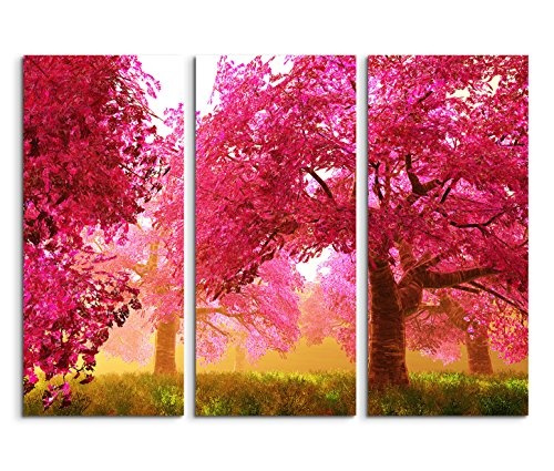 3x40x90cm (Gesamt:130x90cm) 3teiliges Bild auf Leinwand Kirschbäume Blüten Garten Japan Wandbild auf Leinwand als Panorama