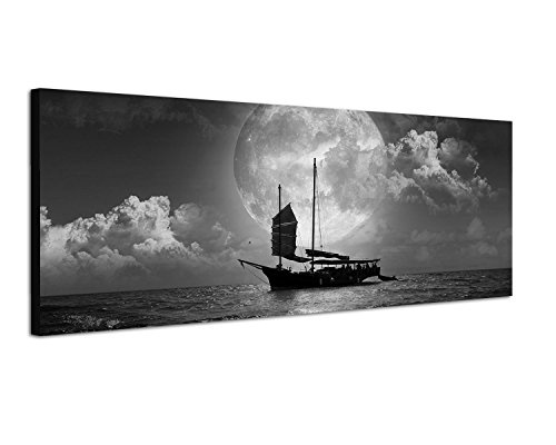 Augenblicke Wandbilder Keilrahmenbild Panoramabild SCHWARZ/Weiss 150x50cm Meer Nacht Vollmond Segelschiff
