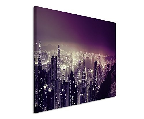 Augenblicke Wandbilder 120x80cm XXL riesige Bilder fertig gerahmt mit Echtholzrahmen in Mauve Hong Kong Skyline bei Nacht II