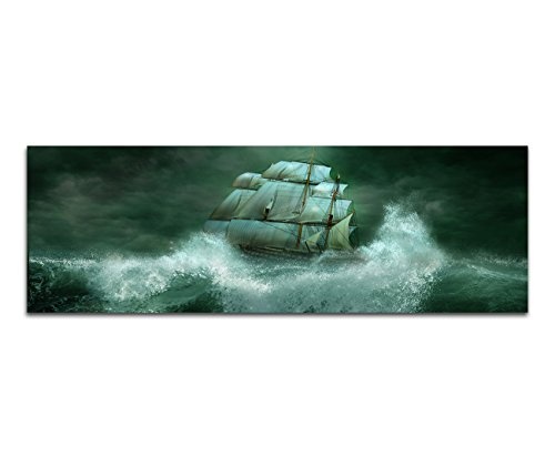 Augenblicke Wandbilder Keilrahmenbild Wandbild 150x50cm Meer Wellen Sturm Segelschiff Nacht