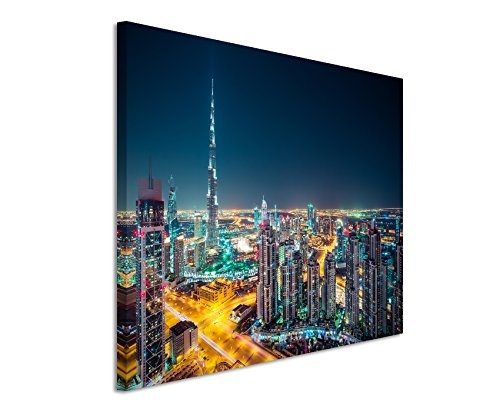 Paul Sinus Art XXL Fotoleinwand 120x80cm Architekturfotografie - Dubai Skyline Bei Nacht, UAE auf Leinwand Exklusives Wandbild Moderne Fotografie für Ihre Wand in Vielen Größen