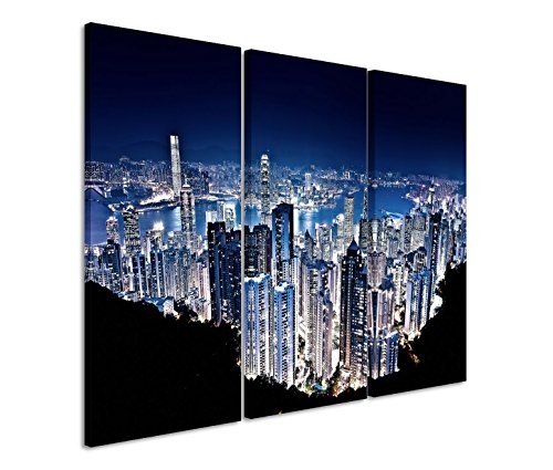 3x40x90cm (Gesamt:130x90cm) 3teiliges Bild auf Leinwand Hongkong Peak Wolkenkratzer Nacht Lichter Wandbild auf Leinwand als Panorama
