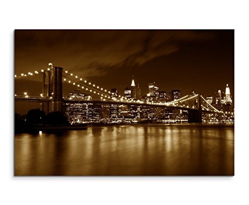 Augenblicke Wandbilder 120x80cm XXL riesige Bilder fertig gerahmt mit Keilrahmenin Sepia Brooklyn Bridge Manhattan bei Nacht