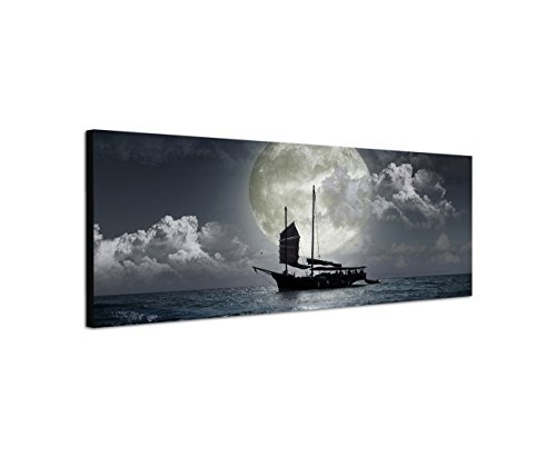 Augenblicke Wandbilder Keilrahmenbild Wandbild 150x50cm Meer Nacht Vollmond Segelschiff