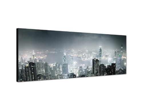 Augenblicke Wandbilder Keilrahmenbild Wandbild 150x50cm Hongkong Wolkenkratzer Nacht Lichter