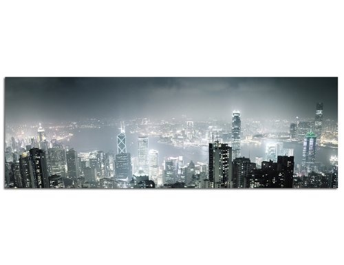 Augenblicke Wandbilder Keilrahmenbild Wandbild 150x50cm Hongkong Wolkenkratzer Nacht Lichter