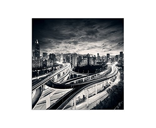 Augenblicke Wandbilder 80x80cm - Fotodruck auf Leinwand und Rahmen Shanghai Nacht Lichter Wolkenkratzer - Leinwandbild auf Keilrahmen modern stilvoll - Bilder und Dekoration