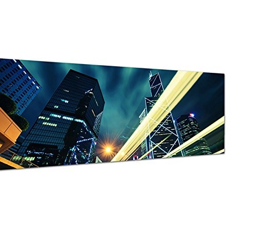 Augenblicke Wandbilder Leinwandbild als Panorama in 150x50cm Hongkong Wolkenkratzer Straße Lichter Nacht