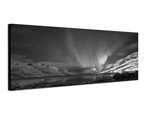 Augenblicke Wandbilder Keilrahmenbild Panoramabild SCHWARZ/Weiss 150x50cm Norwegen See Berge Nacht Polarlichter
