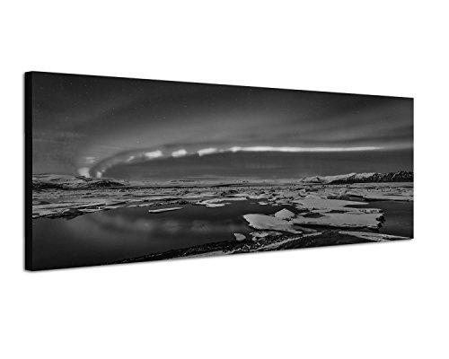 Augenblicke Wandbilder Keilrahmenbild Panoramabild SCHWARZ/Weiss 150x50cm Island Eis Nordlichter Nacht