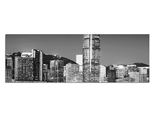 Augenblicke Wandbilder Keilrahmenbild Panoramabild SCHWARZ/Weiss 150x50cm Hongkong Gebäude modern Nacht Lichter