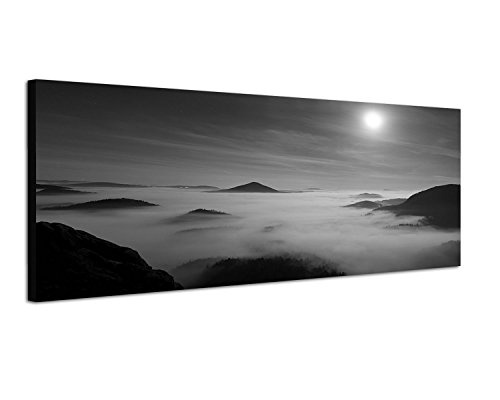 Augenblicke Wandbilder Keilrahmenbild Panoramabild SCHWARZ/Weiss 150x50cm Berge Nebel Nacht Vollmond