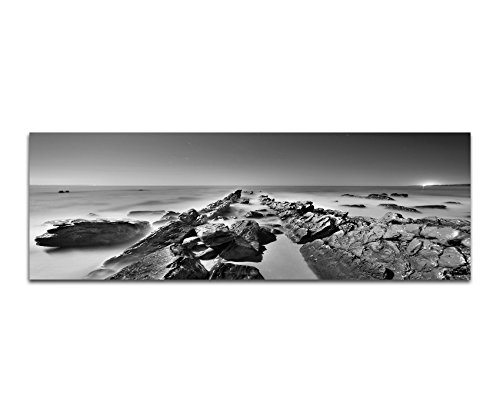 Augenblicke Wandbilder Keilrahmenbild Panoramabild SCHWARZ/Weiss 150x50cm Meer Felsen Steine Nacht Mondlicht