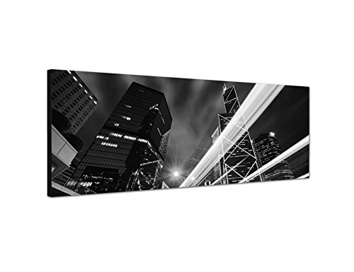 Augenblicke Wandbilder Keilrahmenbild Panoramabild SCHWARZ/Weiss 150x50cm Hongkong Wolkenkratzer Straße Lichter Nacht