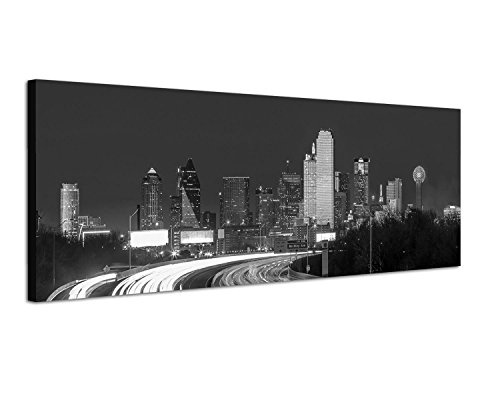 Augenblicke Wandbilder Keilrahmenbild Panoramabild SCHWARZ/Weiss 150x50cm Texas Skyline Straße Lichtspuren Nacht
