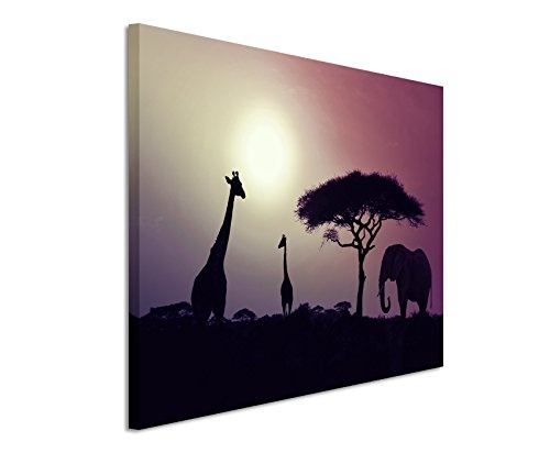 Augenblicke Wandbilder 120x80cm XXL riesige Bilder fertig gerahmt mit Echtholzrahmen in Mauve Sonnenuntergang Elefant und Giraffen Afrika