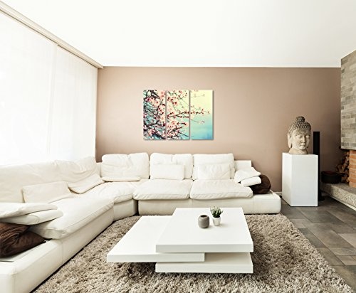 3 teiliges Leinwand-Bild 3x90x40cm (Gesamt 130x90cm) Naturfotografie - Rosa Kirschblüten auf Leinwand exklusives Wandbild moderne Fotografie für ihre Wand in vielen Größen